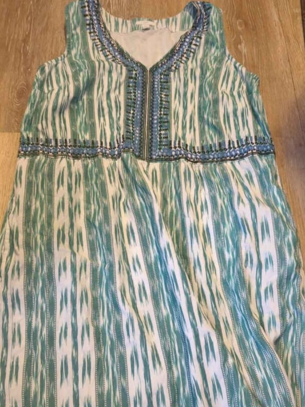 J.Jill teal blue ikat print embroidered sleeveless dress Medium